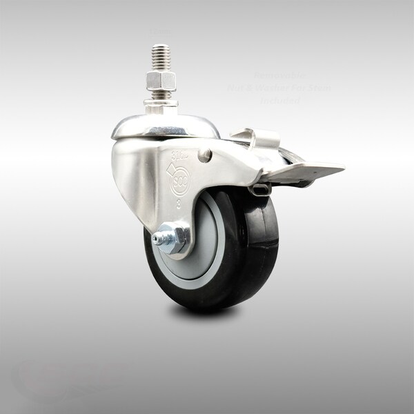 Service Caster 3 Inch 316SS Black Polyurethane Swivel 12mm Stem Caster Total Lock Brake SCC SCC-SS316TSTTL20S314-PPUB-BLK-M1215 - main